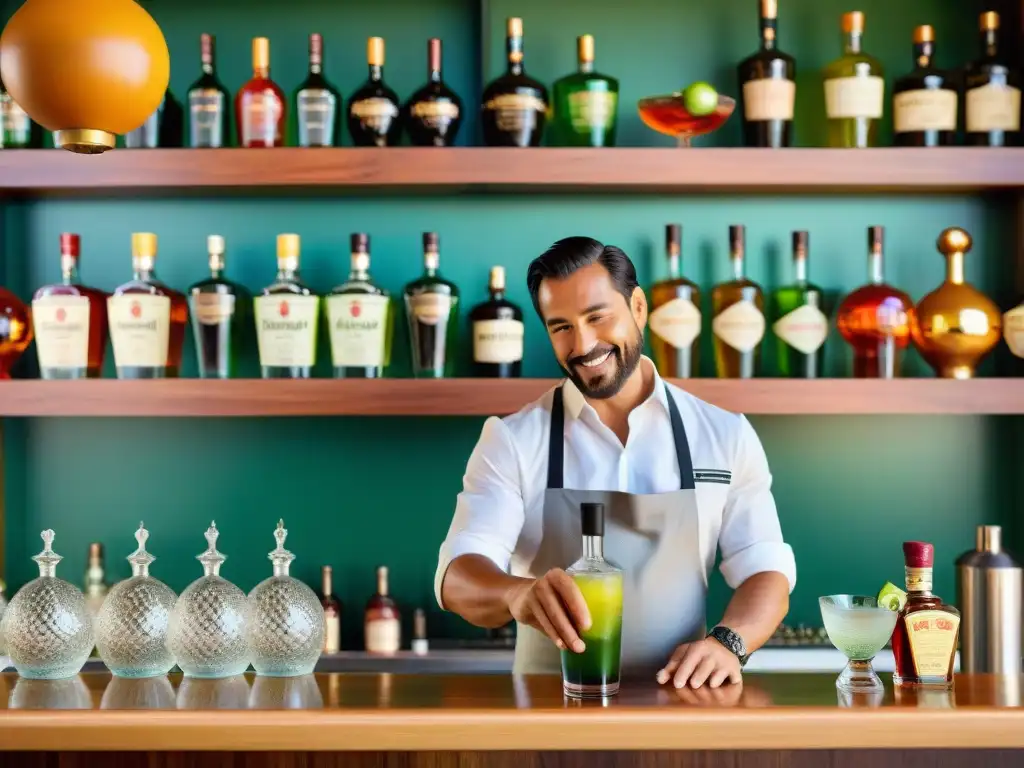 Un experto barman prepara una Algarrobina peruana en un bullicioso bar, mostrando la magia de la mixología