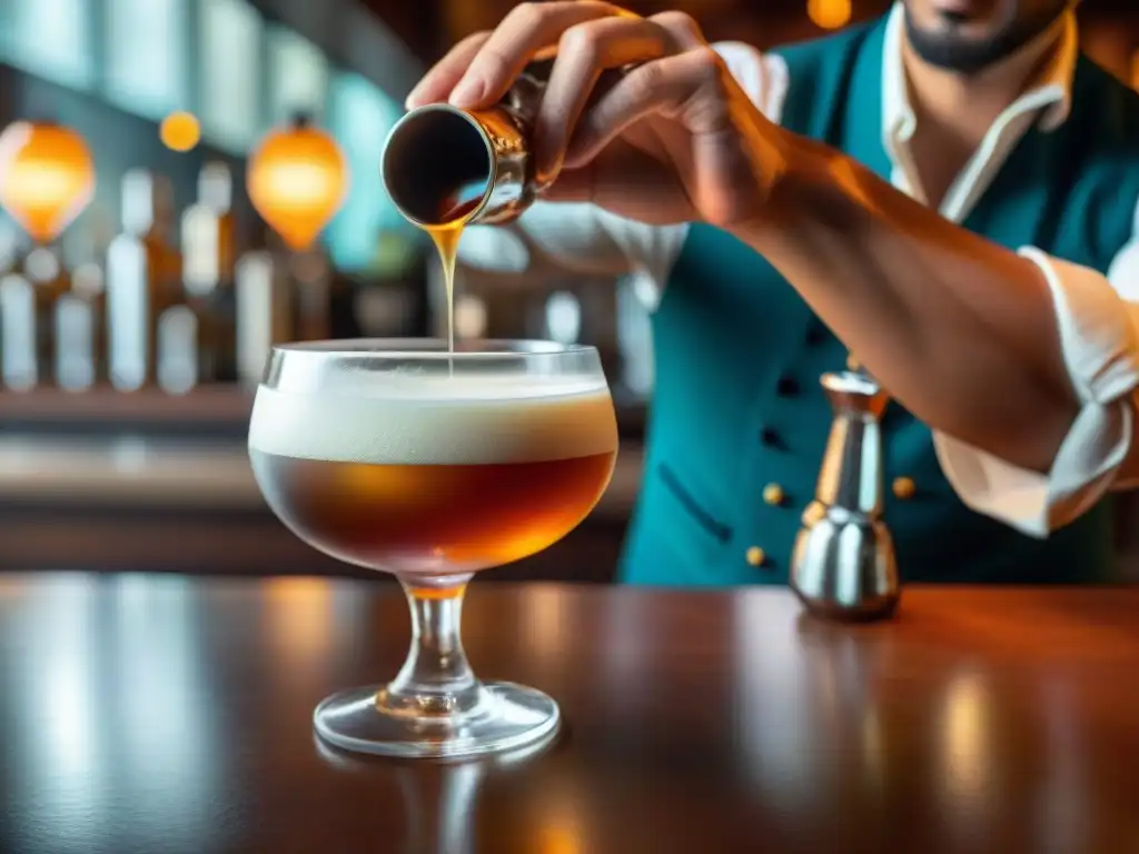 Un experto bartender sirviendo una algarrobina peruana en un elegante vaso vintage en un bar tradicional