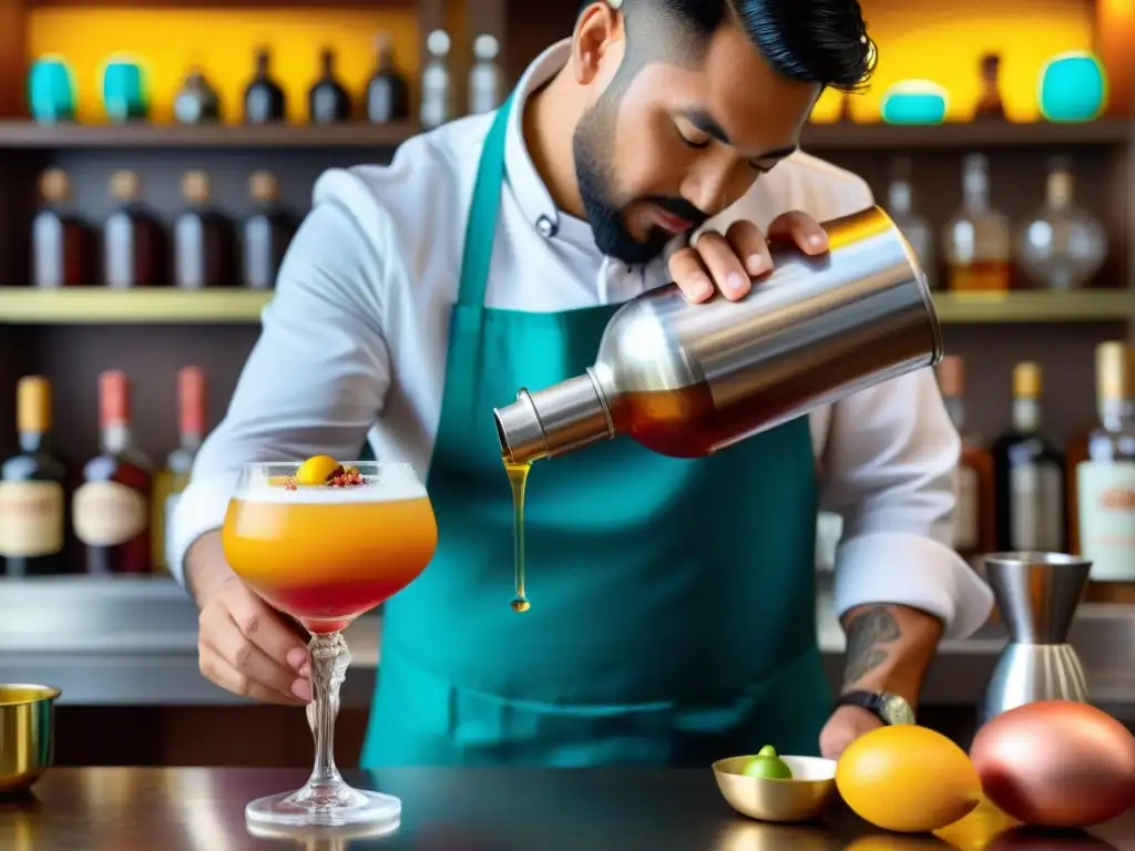 Un experto barman preparando una algarrobina peruana, rodeado de ingredientes para cócteles