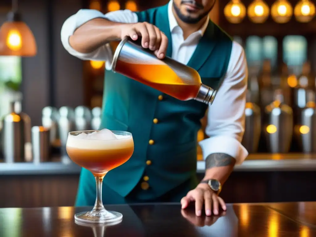 Un experto barman sirviendo una algarrobina peruana, mostrando la textura y capas de la bebida en un ambiente intenso y acogedor