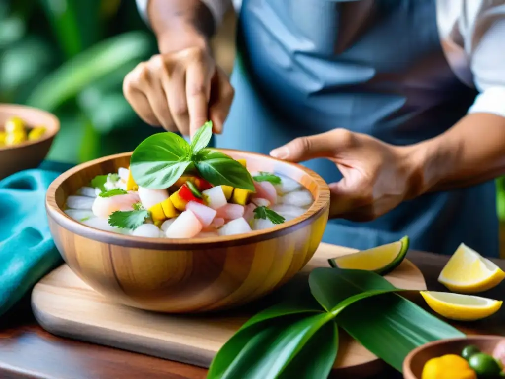 El experto chef amazónico prepara un ceviche selvático con ingredientes frescos, en una cocina tradicional junto al río