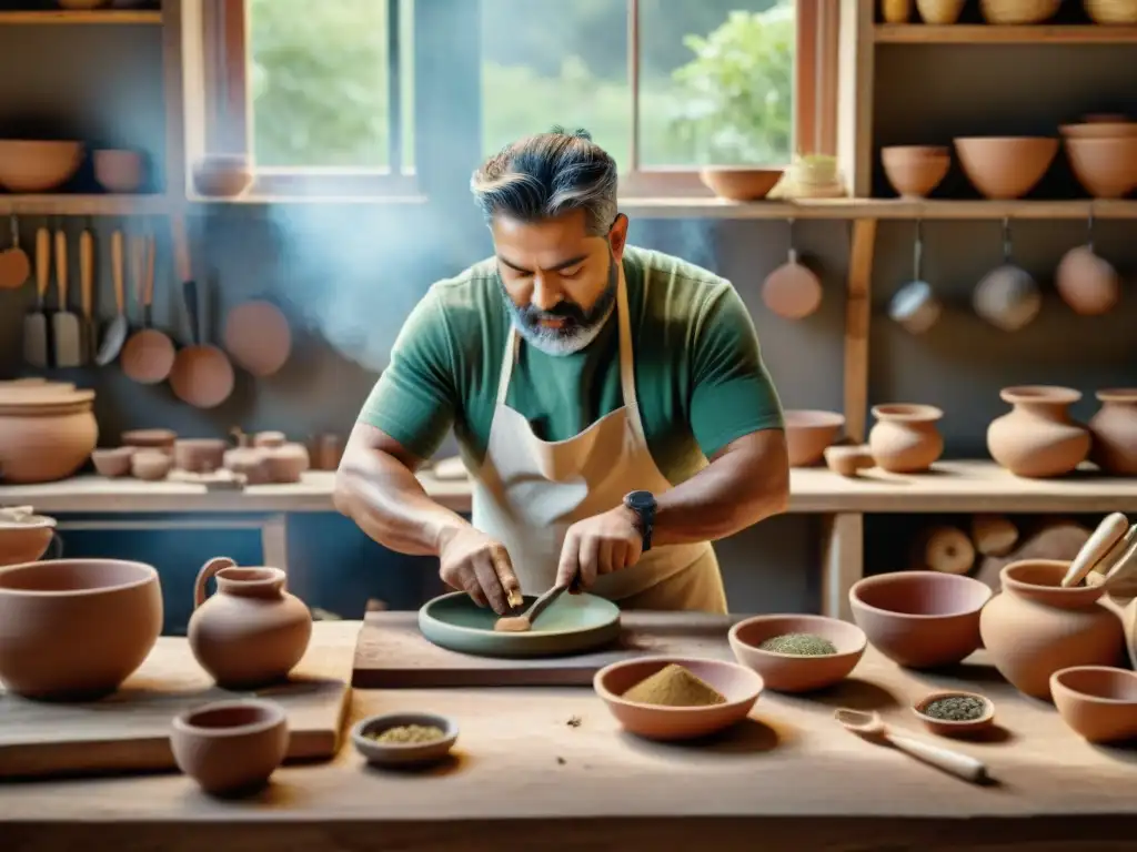 Un experto artesano moldea arcilla en un taller rústico de cocina, con utensilios hechos a mano y ingredientes