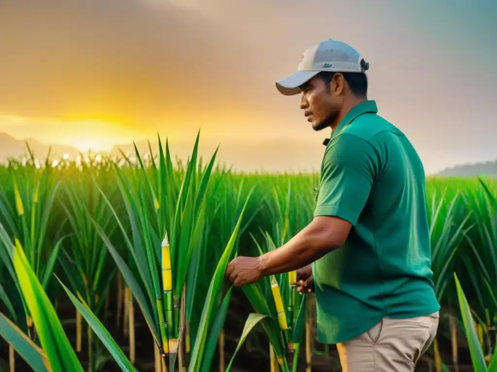 Un experto artesano seleccionando caña de azúcar en un campo peruano al atardecer, destacando la dedicación en la producción de ron