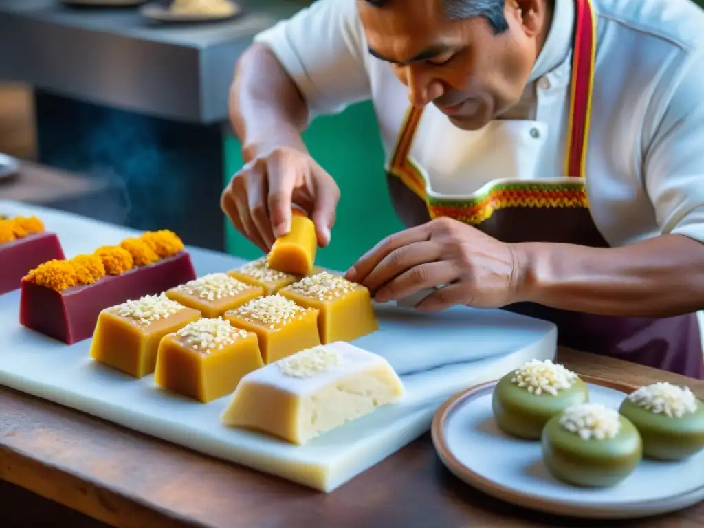 Un experto artesano moldea Turrón de Doña Pepa, dulce peruano tradicional, con moldes intricados, resaltando la artesanía y coloridos diseños