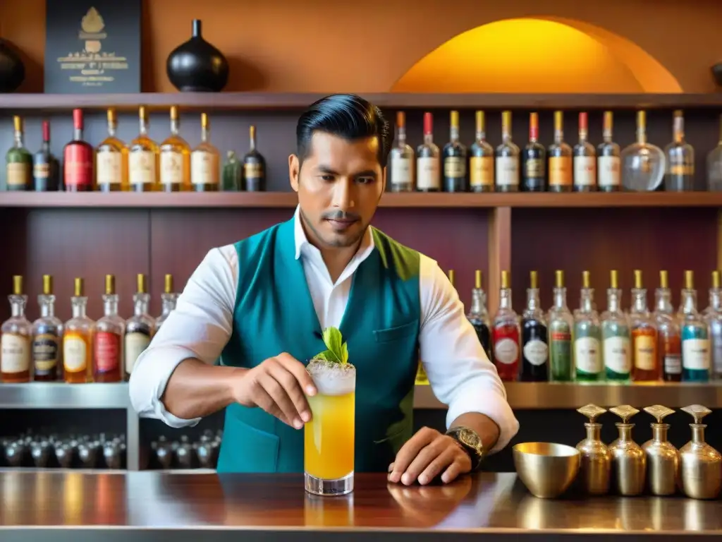 Un experto bartender en un bar peruano tradicional preparando pisco, mostrando la artesanía detrás de los cócteles