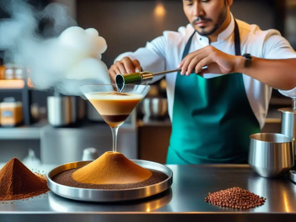 El experto barista peruano prepara una exquisita combinación gastronómica con pisco, destacando la técnica artesanal y los colores vibrantes