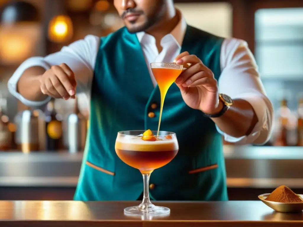 Un experto barman vierte con maestría una Algarrobina en un vaso frío, resaltando su textura y aroma