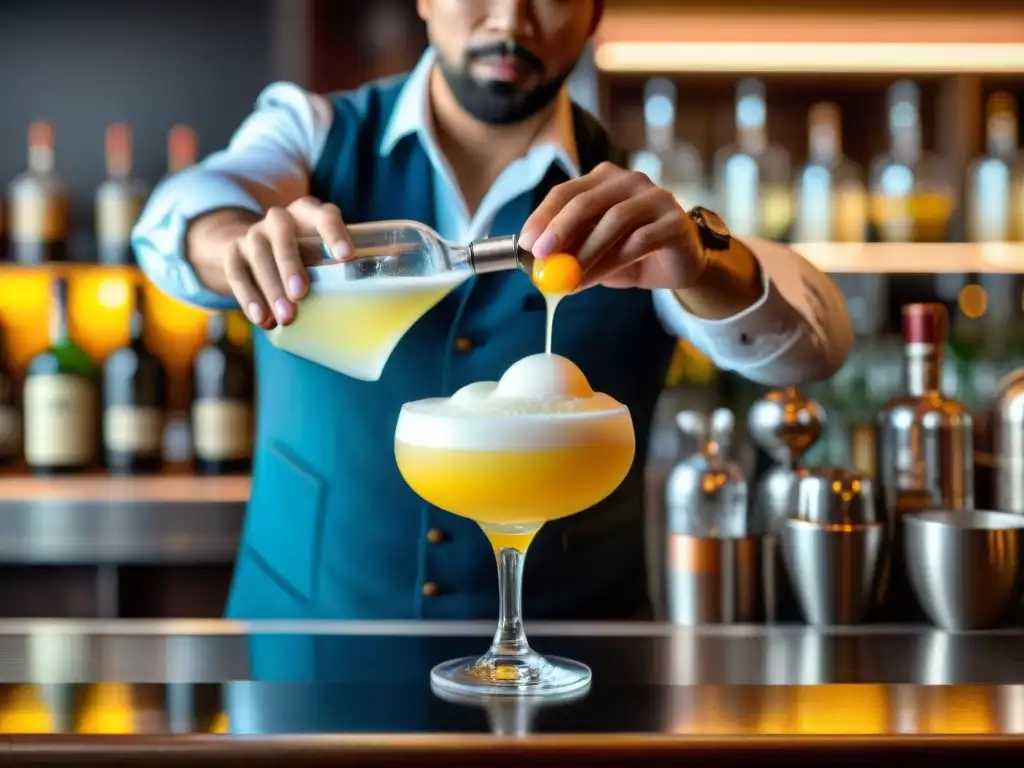 Un experto bartender vierte con destreza un vibrante pisco sour, capturando la esencia de la coctelería internacional