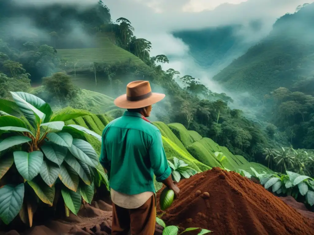 Un experto cosechando cacao en una plantación peruana, entre árboles verdes y suelo rojizo