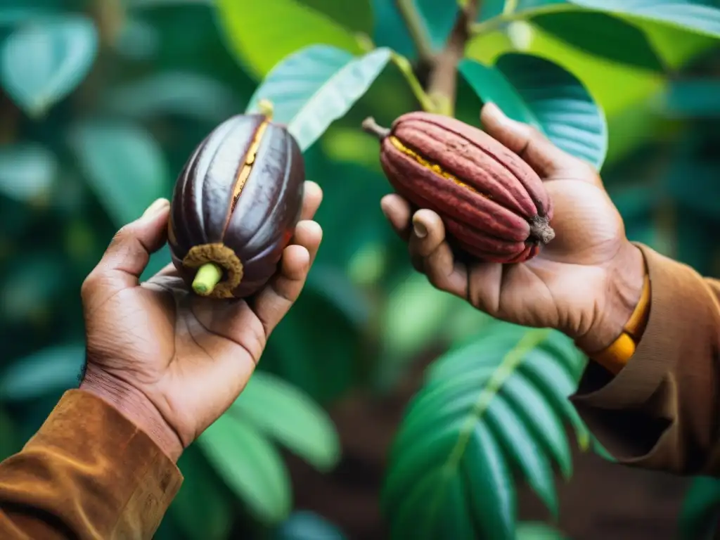 Un experto cacaotero peruano selecciona manualmente valiosas semillas de cacao bajo la sombra de los árboles de cacao