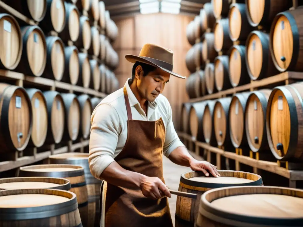 Un experto catador de Pisco Peruano inspecciona barriles en una bodega rústica