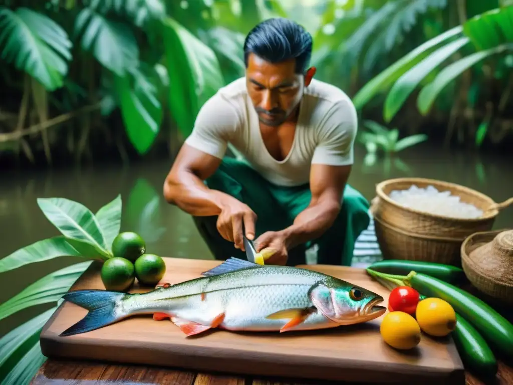 Un experto preparando ceviche amazónico selvático con pescado fresco en la selva, observado por animales curiosos