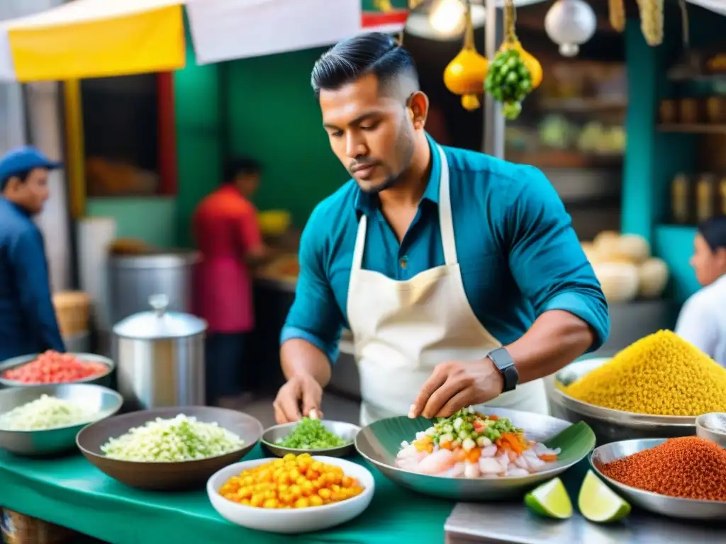 Experto preparando ceviche en mercado de Lima, mejorando experiencia culinaria comida peruana