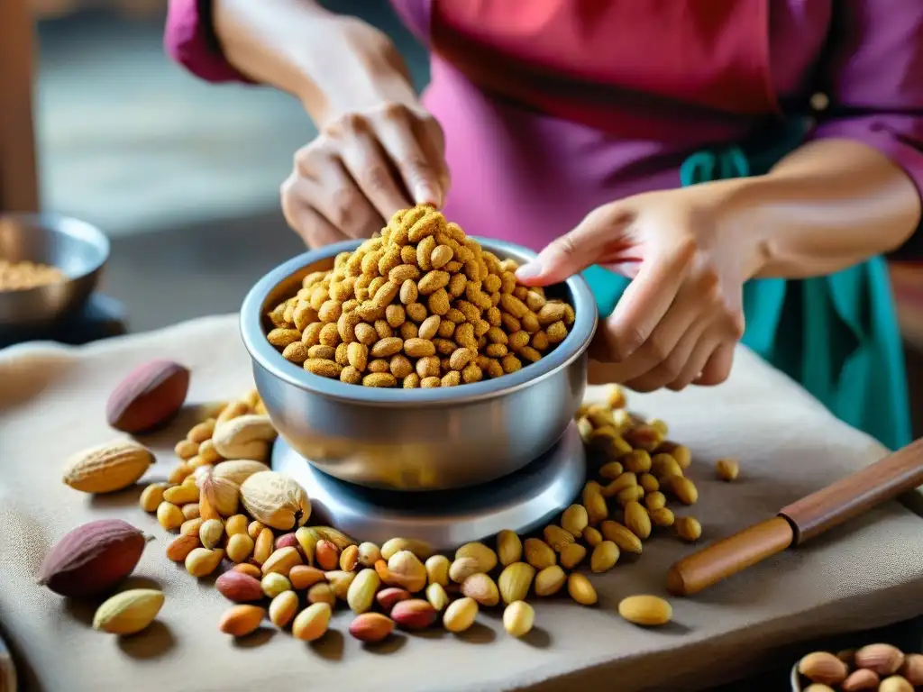 Un experto chef en Perú utilizando una chancadora de maní con destreza, creando una pasta texturizada