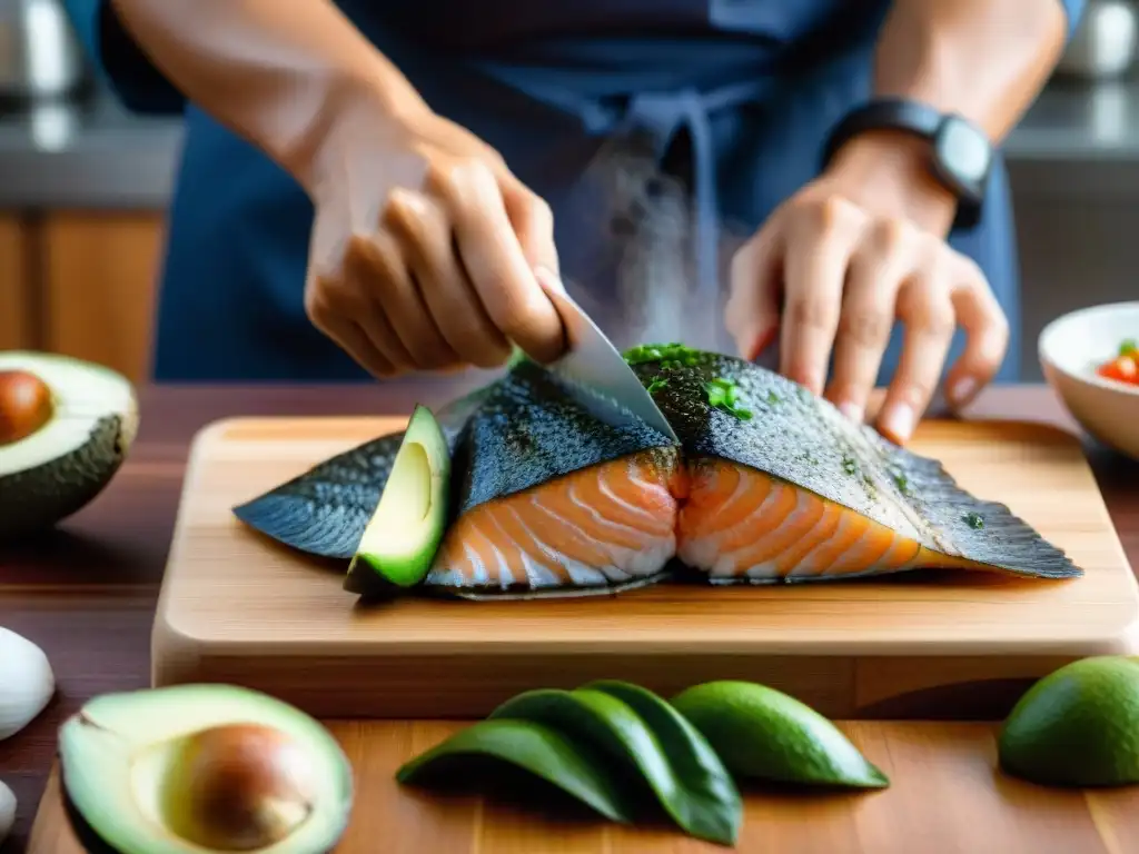 Un experto chef japones-peruano corta pescado sashimi con destreza en una cocina soleada