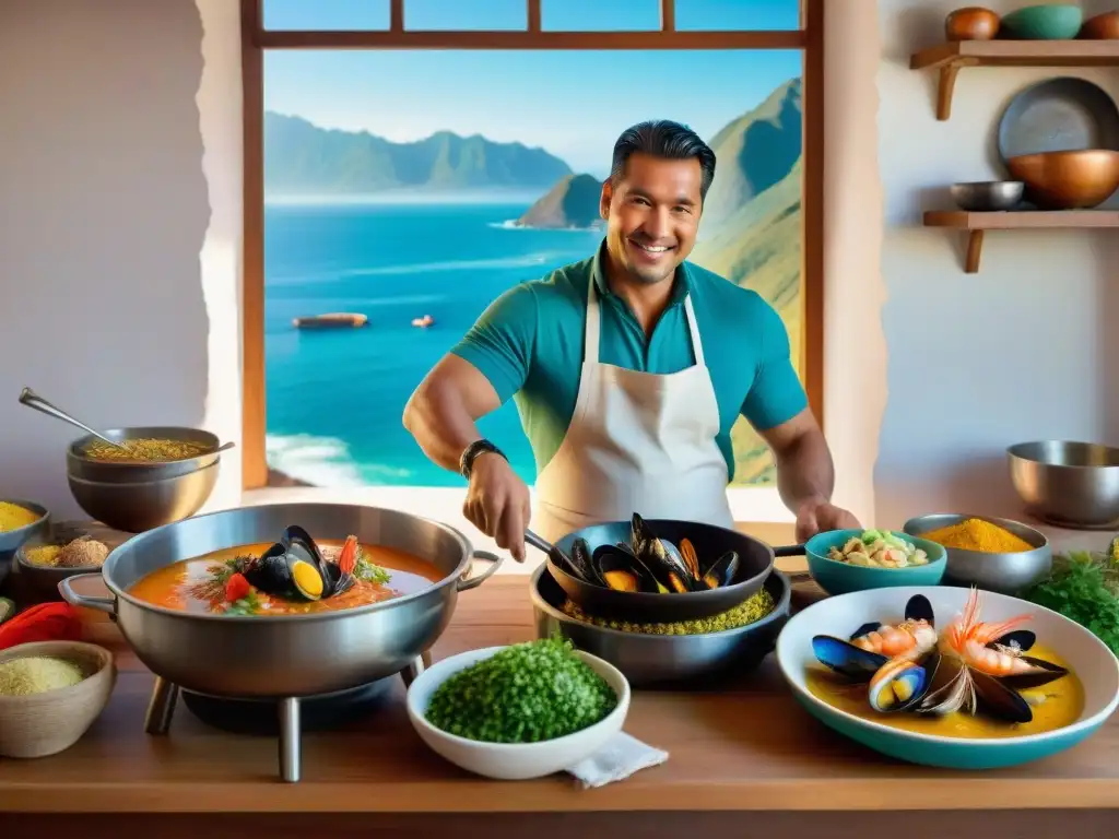 Un experto chef prepara una deliciosa Sopa de mariscos peruana receta en una cocina tradicional