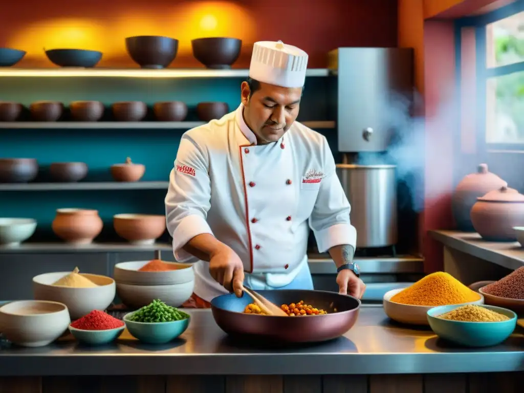 Un experto chef peruano revive la gastronomía ancestral en una bulliciosa cocina, creando platos coloridos