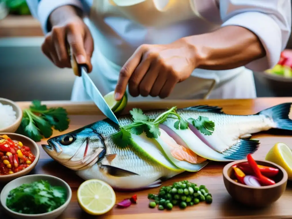 Un experto chef peruano prepara ceviche tradicional peruano con destreza en un mercado de Lima