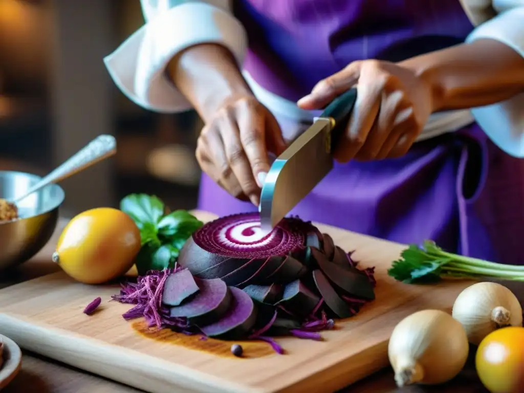 Un experto chef peruano corta con precisión una raíz de mashua púrpura, mostrando patrones blancos, con utensilios y textiles peruanos de fondo