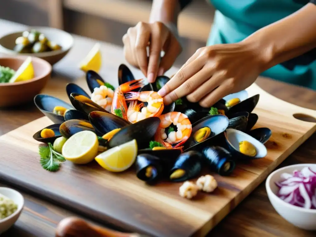 El experto chef peruano prepara con esmero un salpicón de mariscos frescos en un tablero de madera rústico