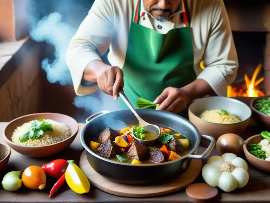 Un experto chef peruano preparando un guiso con huacatay en una cocina rústica