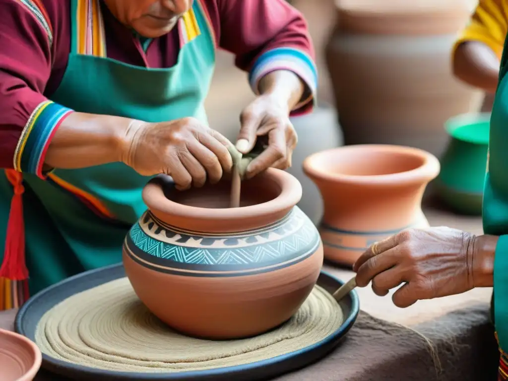 Un experto chef peruano moldea una olla de barro en un mercado, destacando la artesanía de las ollas de barro en la cocina peruana