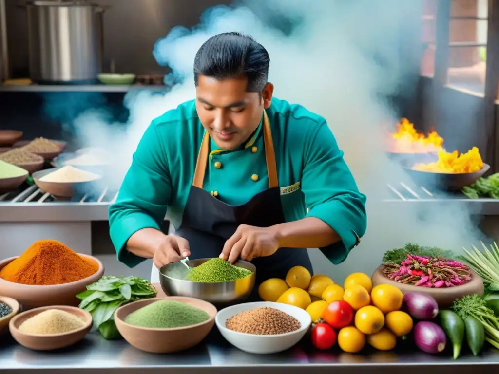 Un experto chef peruano prepara platos con molle, destacando colores, ingredientes y técnicas