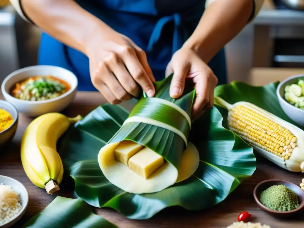Un experto chef peruano transformando el tamal: manos hábiles, ingredientes coloridos y mercado vibrante