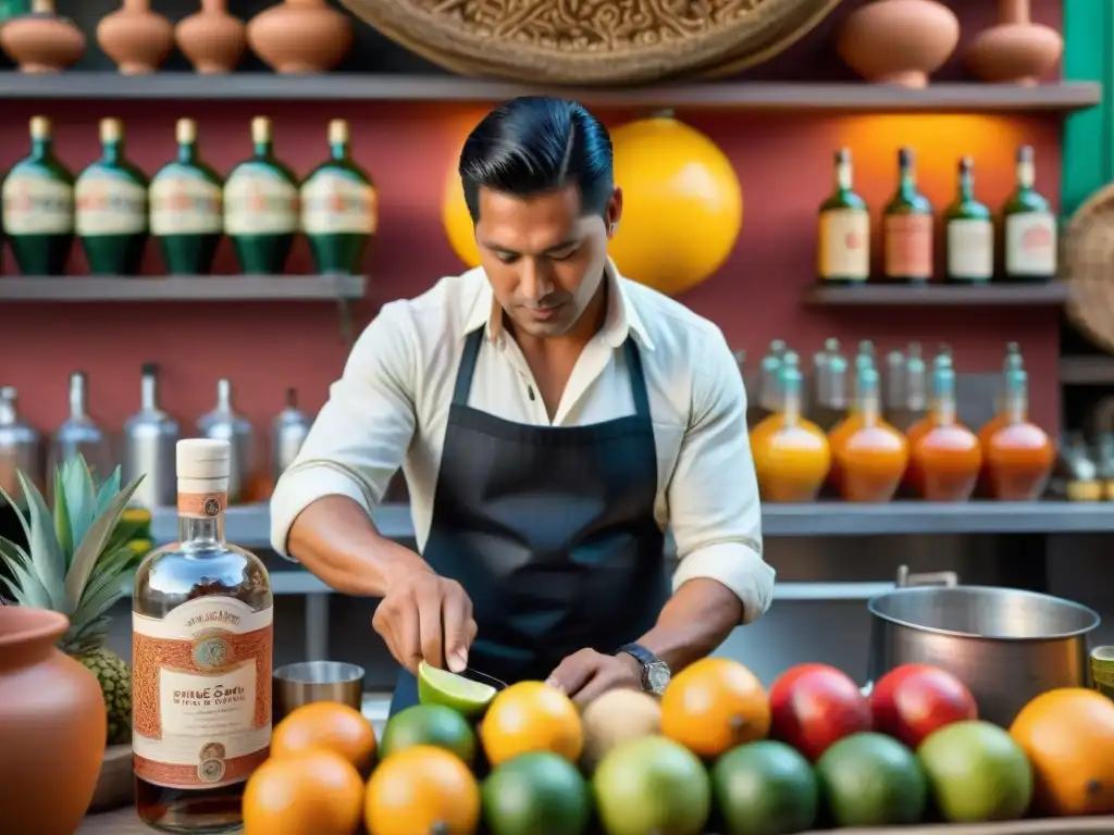 Experto preparando Chilcano en mercado peruano: Pisco, limón, ginger ale y bíteres rodeado de colorida cerámica