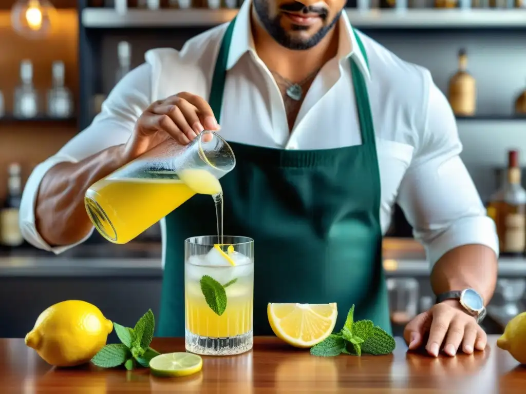 Un experto prepara un chilcano de pisco sin alcohol: rodajas de jengibre, limones amarillos, copas y hojas de menta peruana en un elegante bar