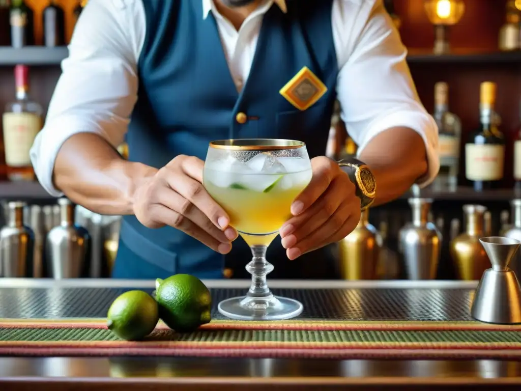 Un experto bartender prepara un Chilcano de Pisco tradicional Peru con precisión, destacando la cultura y el arte en la mixología