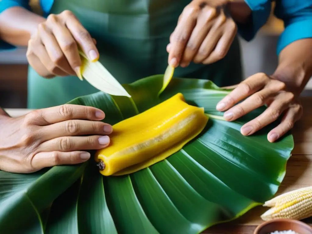 Un experto cocinero prepara con destreza tamales costeños Perú en una escena detallada y vibrante