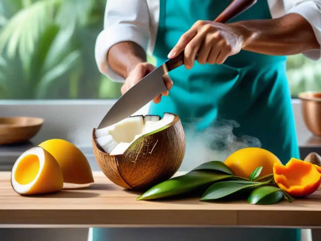 Un experto chef cortando cocona amazónica en una cocina profesional, mostrando precisión y destreza