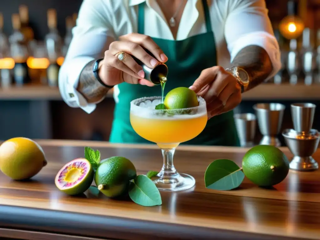 Un experto bartender prepara un cóctel de pisco con ingredientes frescos, en un elegante maridaje con pisco y cocina