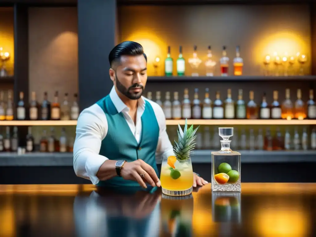 El experto bartender prepara un cóctel con pisco, reflejando las nuevas tendencias de cócteles con pisco en un elegante bar