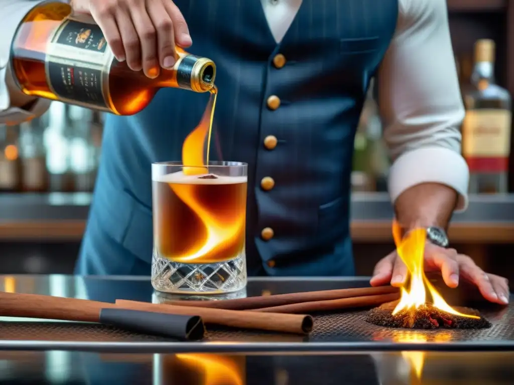 Un experto en coctelería avanzada flambea un palito de canela para infundir un cóctel de Pisco con aromas ricos y ahumados