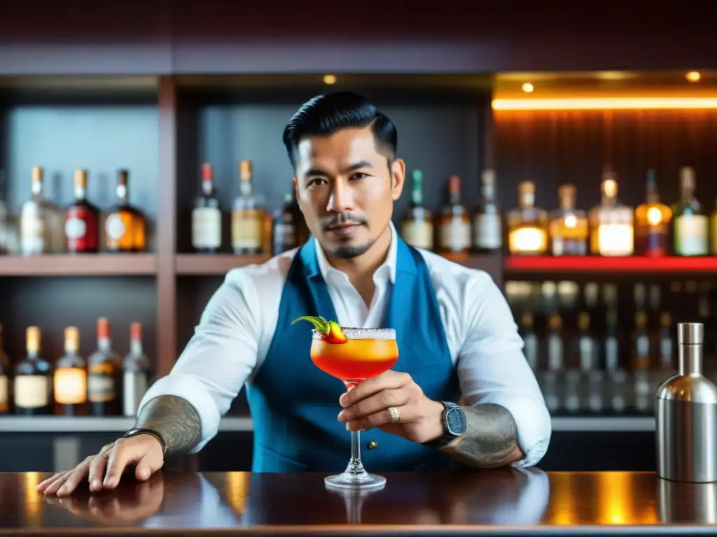 Un experto bartender preparando cócteles peruanos con ají y pisco en un elegante bar