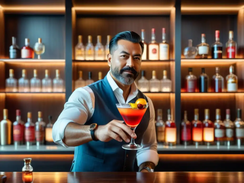 Un bartender experto preparando cócteles peruanos con ají y pisco en un elegante bar moderno