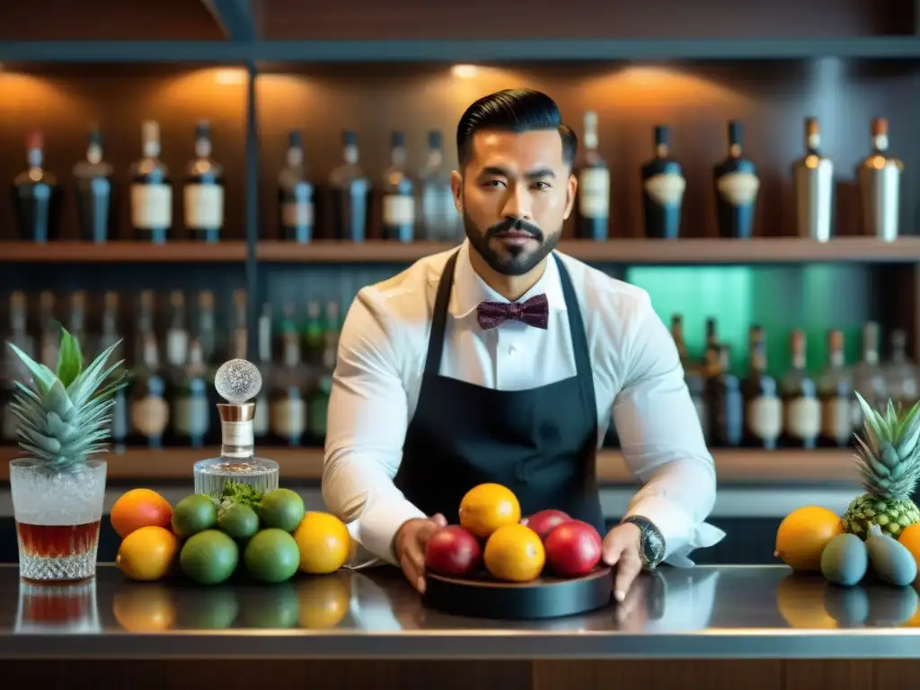 Un experto bartender crea cocteles con pisco peruano innovadores en un elegante bar