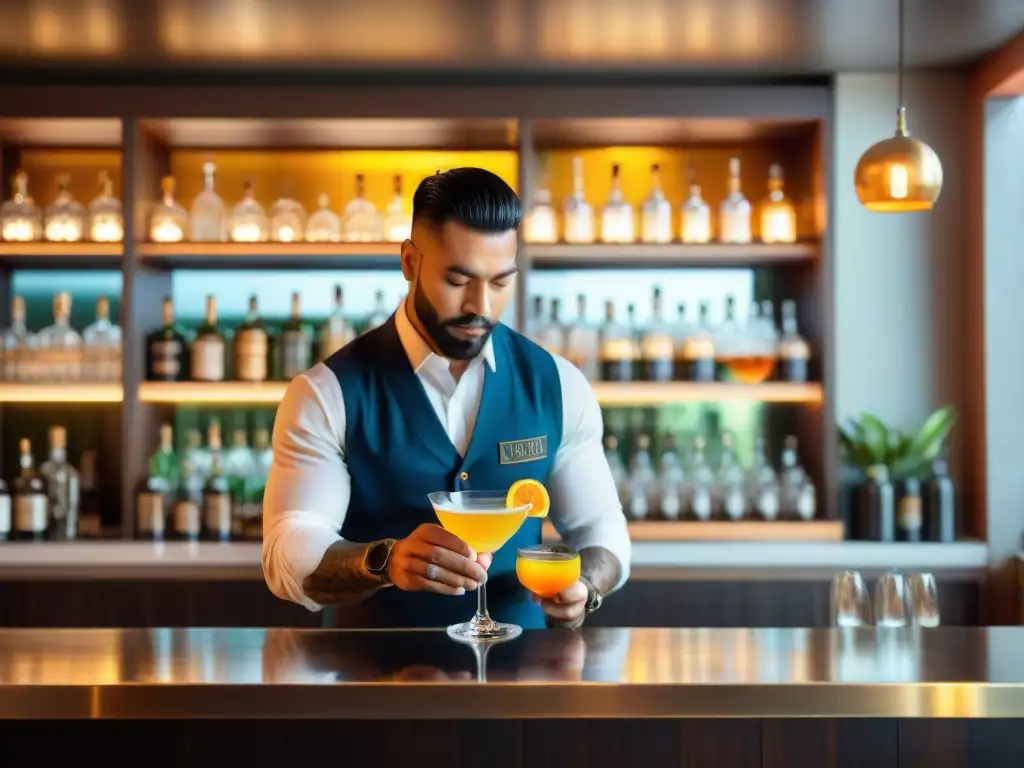 Un experto bartender prepara cocteles con pisco para signos, destacando la destreza y pasión en un ambiente vibrante y elegante