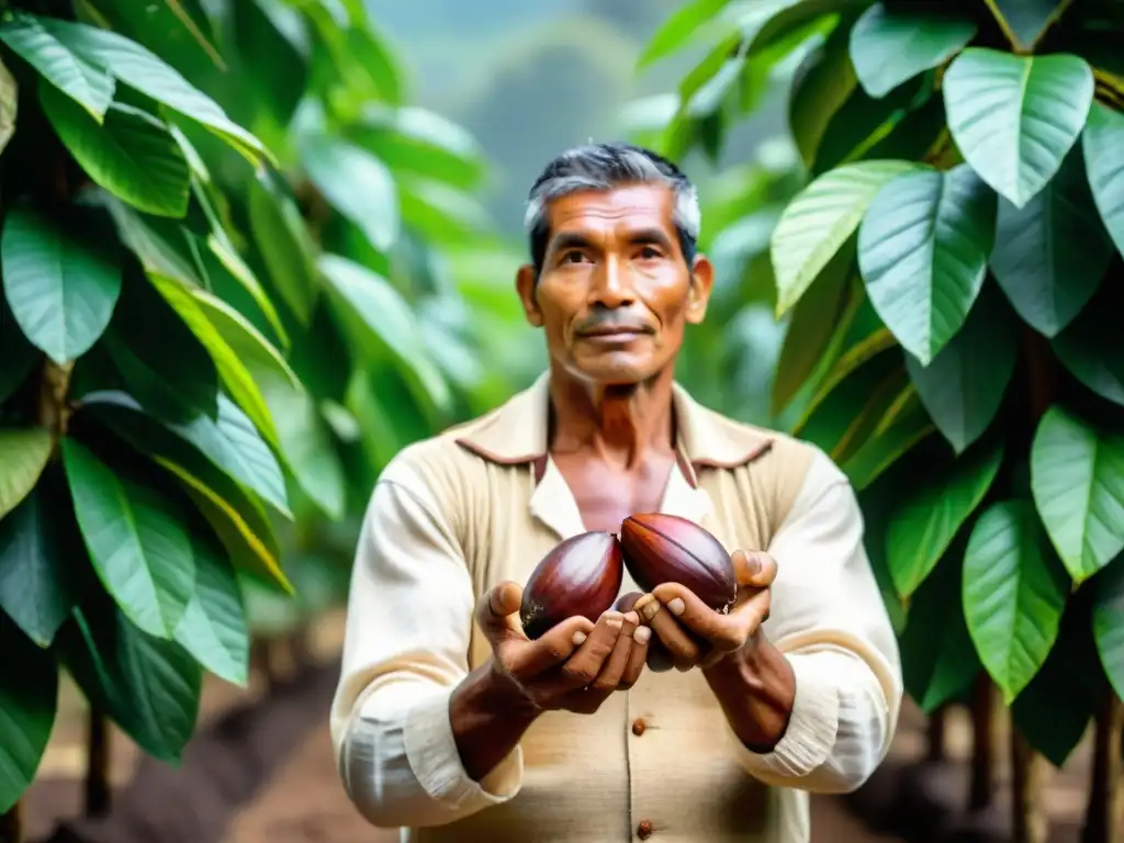 Un experto cosechador de cacao peruano entre los árboles, abriendo una vaina con destreza