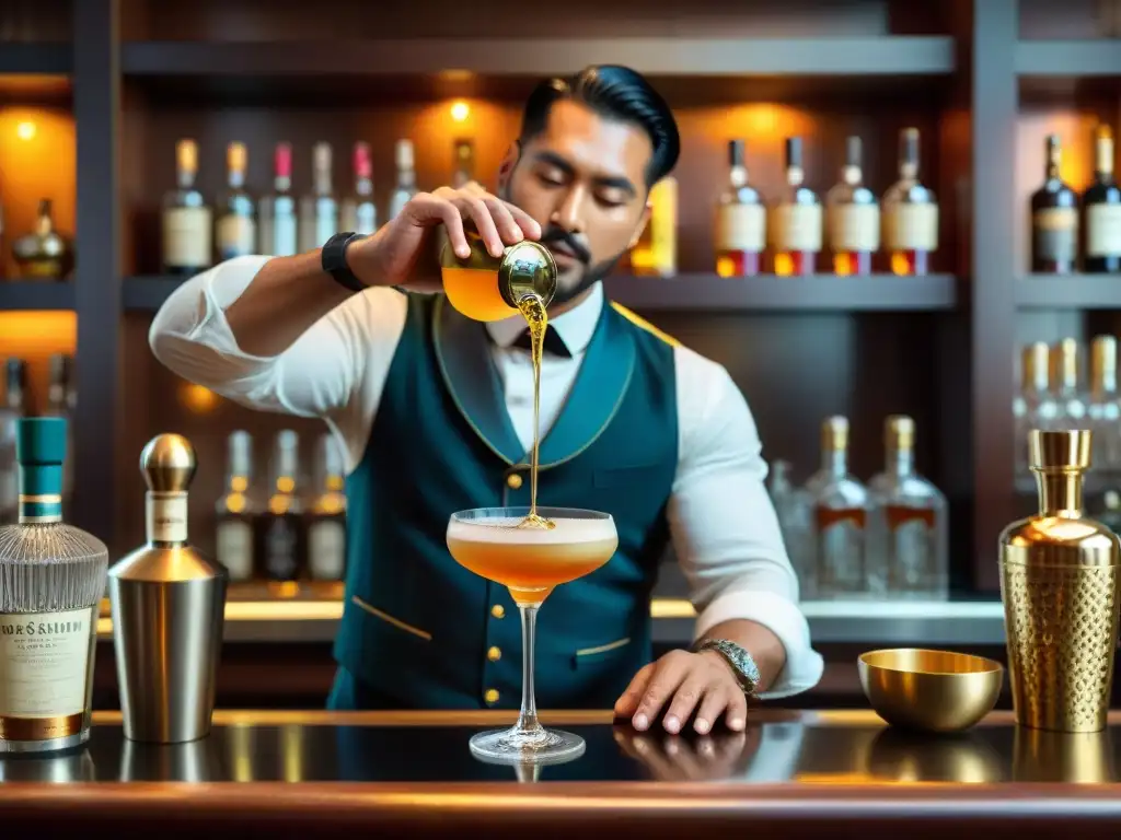 Un bartender experto sirviendo con destreza un exquisito ponche de algarrobina dorado, rescatando tradición ponche algarrobina