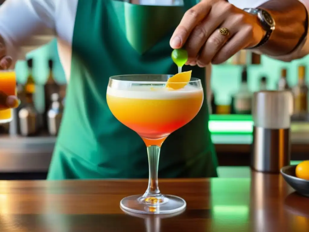 Un bartender experto prepara con detalle un Maracuyá Sour peruano, destacando la frescura de los ingredientes y la maestría en la mixología