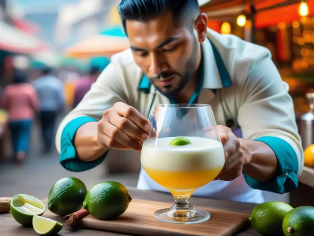 Un experto bartender prepara con detalle un pisco sour en un mercado peruano vibrante, capturando la esencia de las bebidas peruanas tradicionales en una fotografía documental