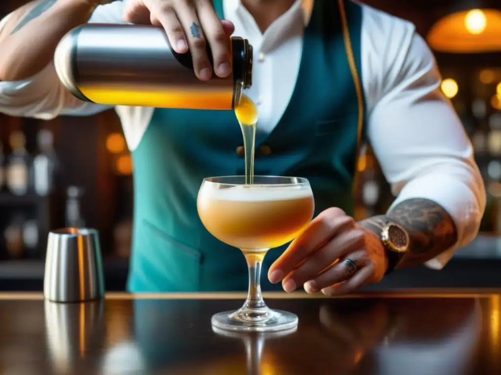 Un bartender experto prepara una exquisita algarrobina cocktail peruana en un elegante bar