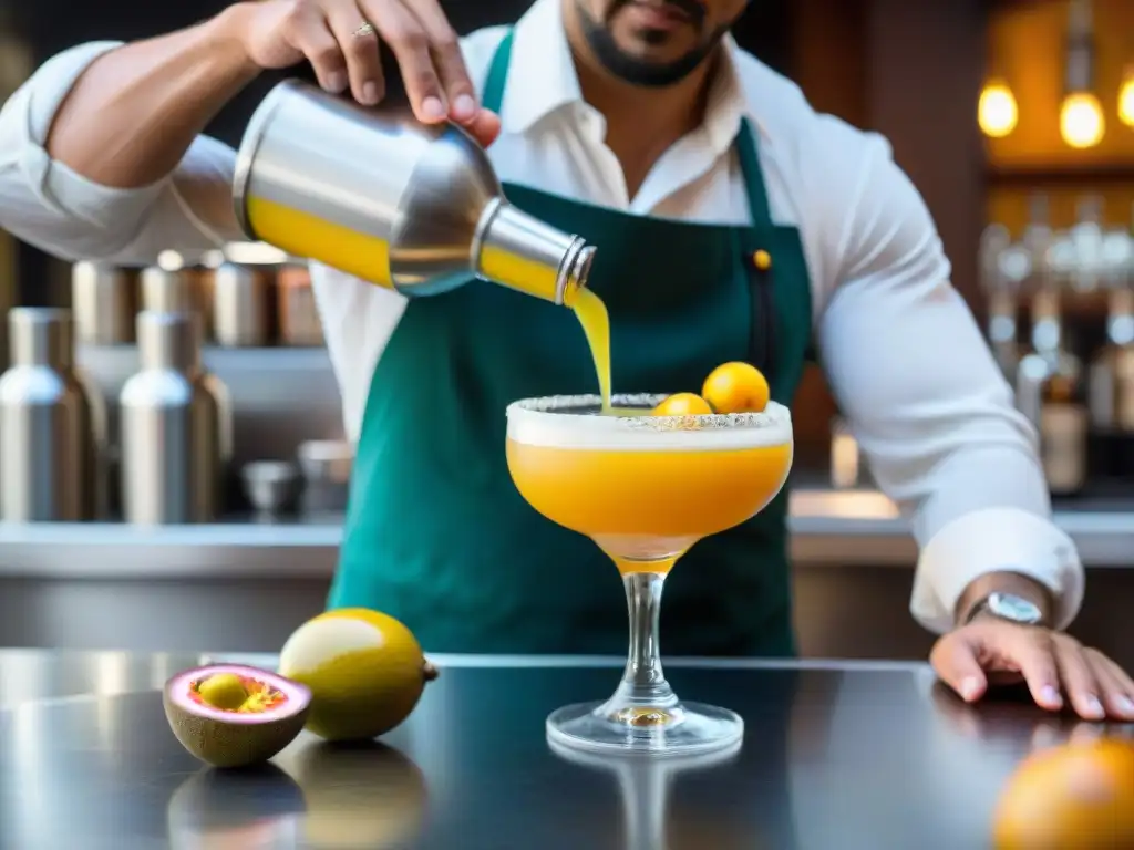 El experto bartender prepara un Maracuyá Sour peruano, detallando la receta con pasión