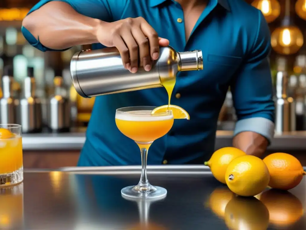 Experto bartender prepara un Maracuyá Sour peruano en un elegante vaso, con pasión flotando, en un bar bien surtido