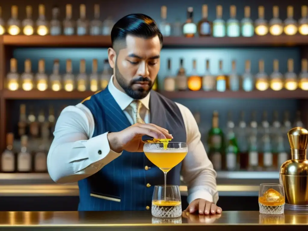 Un bartender experto preparando los mejores cócteles con Macchu Pisco en un entorno elegante y vibrante