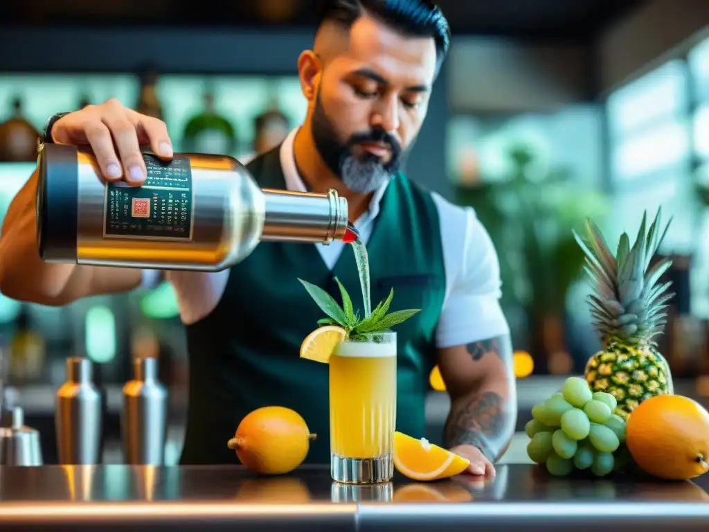 Un experto bartender preparando los mejores cócteles con Macchu Pisco, destacando su precisión y habilidad