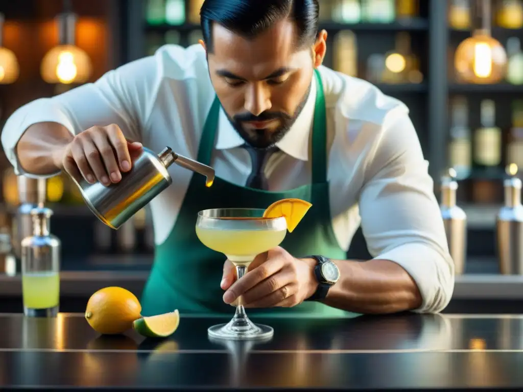 Un experto mixólogo preparando un cóctel con pisco en un elegante bar